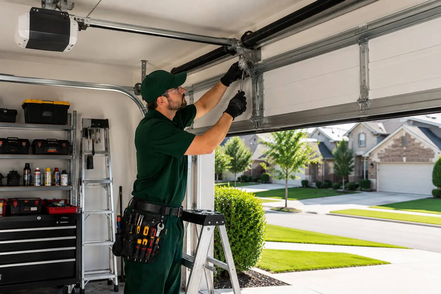 Garage door technician repairing opener in Denton