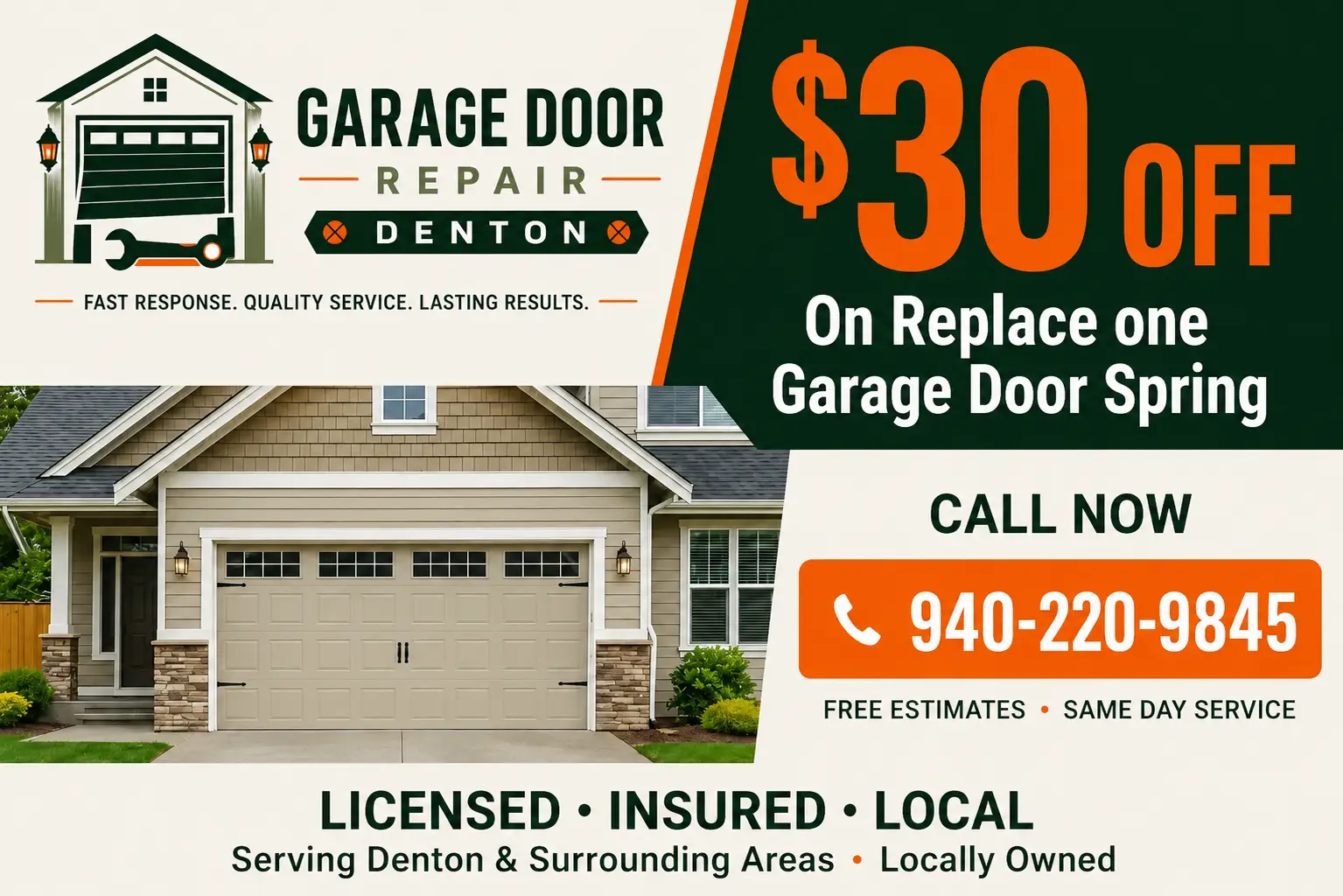 $30 off garage door spring replacement in Denton TX